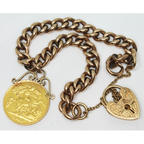 111 - A hallmarked 9ct gold link chain bracelet with a George V 1918 half sovereign charm, gross wt. 22.8g... 