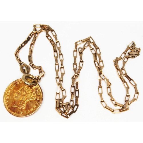 132 - A 9ct gold chain with United States 1873 gold one dollar, gross wt. 4.4g, length 38cm.