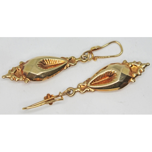 143 - A pair of Victorian style 9ct gold earrings, import marks, length 47mm each, wt. 2.2g.