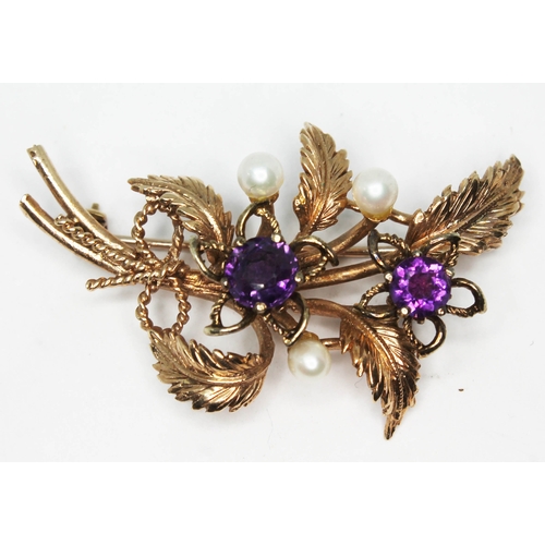 146 - A hallmarked 9ct gold spray brooch set with cultured pearls and purple stones, length 45mm, gross wt... 