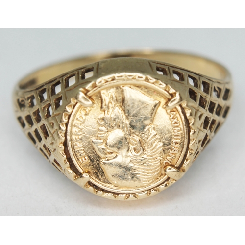 158 - A hallmarked 9ct gold ring set with a gold coin, gross wt. 2.5g, size R/S.