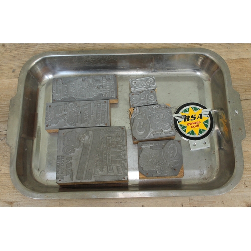 459 - A tray of BSA printing blocks and a BSA Owner's Club badge.