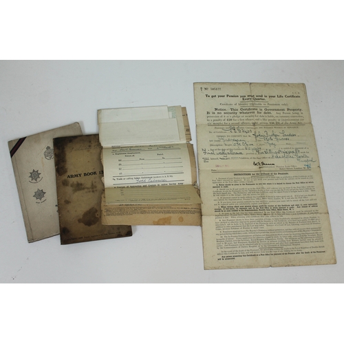 461 - WWI private Sanders Scotss Gaurds discharge papers, pension certificate, St Pauls Memorial service b... 