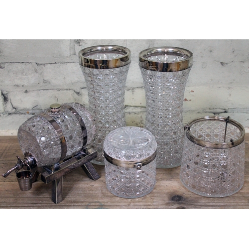 481 - Four hallmarked silver mounted glasses and an EPNS mounted sherry barrel (damaged).