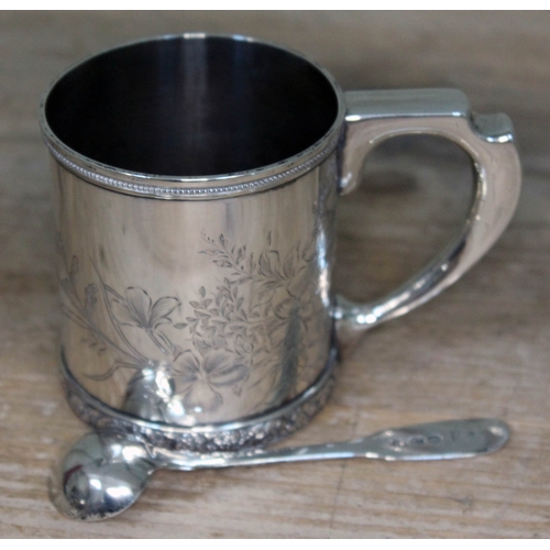 482 - A Tiffany & Co Sterling silver bright cut engraved tankard and non matching Georgian Silver spoon.