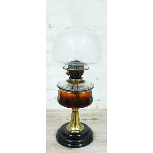 92 - A Victorian brass column oil lamp with pottery base, cut glass reservoir and etched glass shade, hei... 