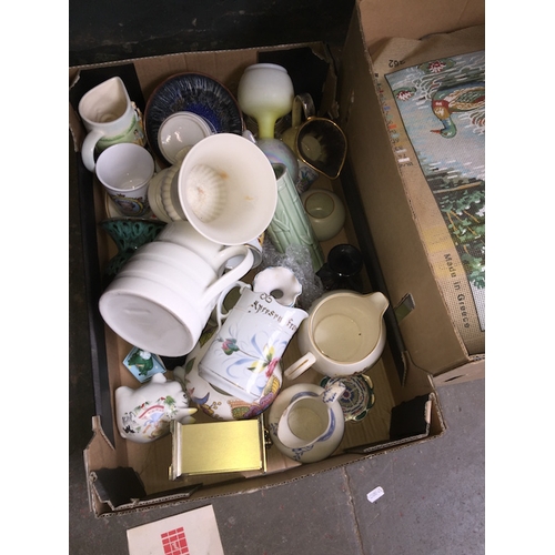 157 - A box of assorted pottery, jugs, vases, etc