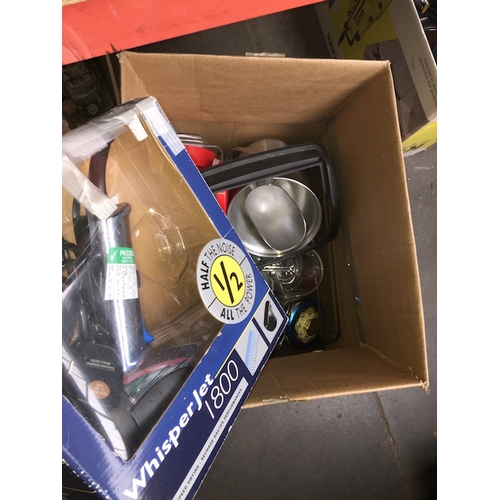 160 - A box of kitchen items and a hair dryer