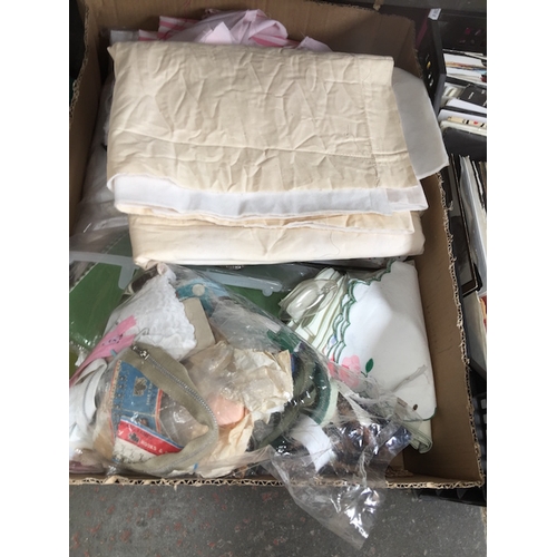 187 - A box of table cloths, material, zips, etc