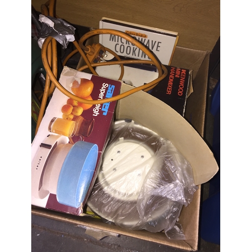 213 - A box of kitchen items, cutlery, scales, etc