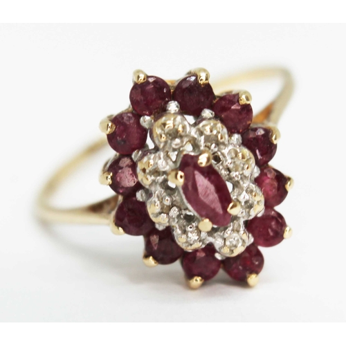 106 - A 9ct gold cluster ring set with ruby coloured stones, 9ct gold import marks, gross wt. 2.1g, size O... 