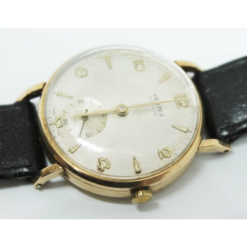 108 - A hallmarked 9ct gold Vertex Revue wrist watch with seconds subsidiary, case diam. 31mm, with leathe... 