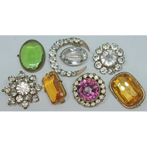 122 - A group of eight various yellow and white metal brooches set with various stones, Victorian and late... 