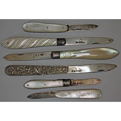 136 - Five hallmarked silver and mother of pearl pen knives and another.