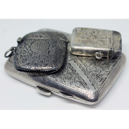 141 - Hallmarked silver comprising a cigarette case and two vestas, gross wt. 3oz.