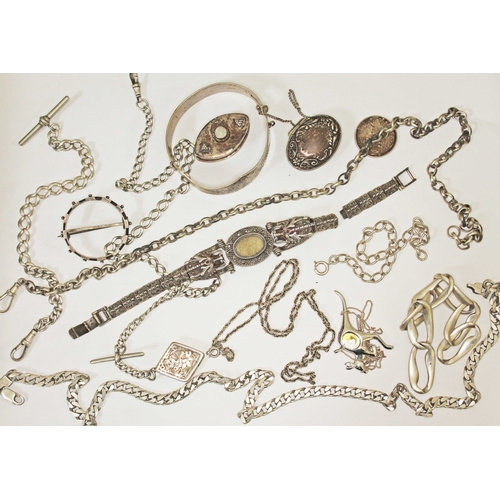 144 - A mixed lot of hallmarked and other silver, including two Albert chains, four other chains, a bangle... 