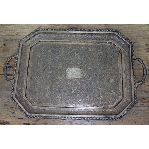 151 - An Eastern white metal tray marked 'Silver', wt. 24oz, length 39.5cm.