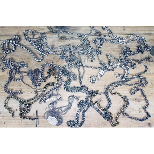 160 - A mixed lot of white metal and unmarked silver chains, various lengths, Victorian and later.