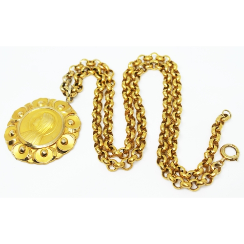 169 - A 9ct gold medallion marked with import marks, diam. 4cm, on 9ct gold chain marked '9K', length 59cm... 