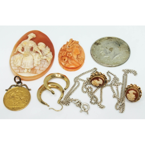 179 - A mixed lot comprising a pair of 9ct gold cameo earrings, a shell cameo, a coral cameo, a half sover... 