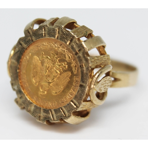 198 - A hallmarked 9ct gold ring set with a 1945 dos pesos gold coin, gross wt. 4.8g, size O/P.