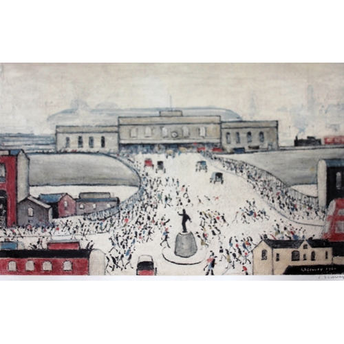 62 - Lawrence Stephen Lowry, Station Approach, colour print, 51cm x 40cm, blindstamp lower left, signed i... 