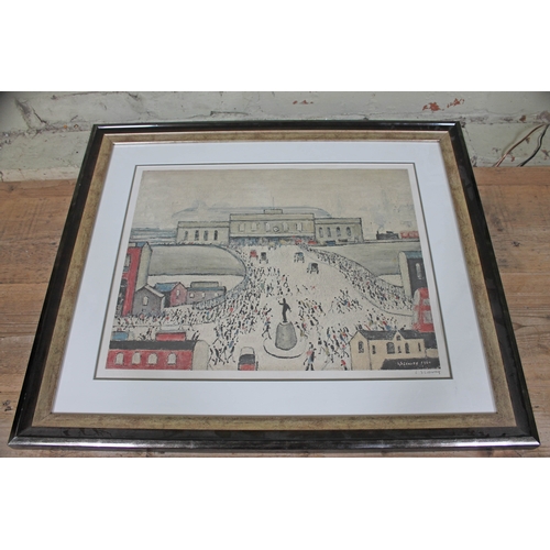 62 - Lawrence Stephen Lowry, Station Approach, colour print, 51cm x 40cm, blindstamp lower left, signed i... 