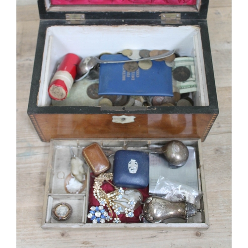 212 - A Victorian box and contents including a hallmarked silver pepper pot, various coins etc.