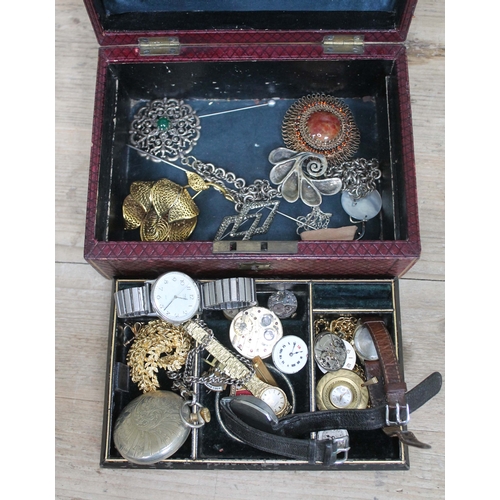 213 - A Victorian jewellery box and contents including various watch parts etc.