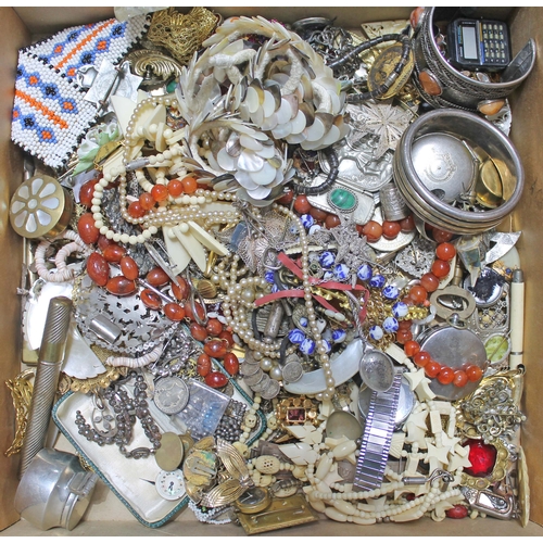 222 - A box of mainly costume jewellery including white metal, beads, watches, badges etc.