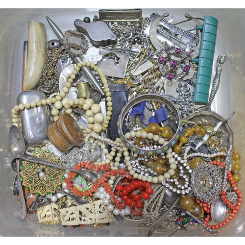 224 - A box of mainly costume jewellery including coral and bone beads, white metal etc.