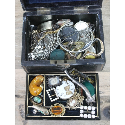 225 - A Victorian jewellery box and contents including an amber nugget, a 9ct gold wristwatch, a Chinese w... 