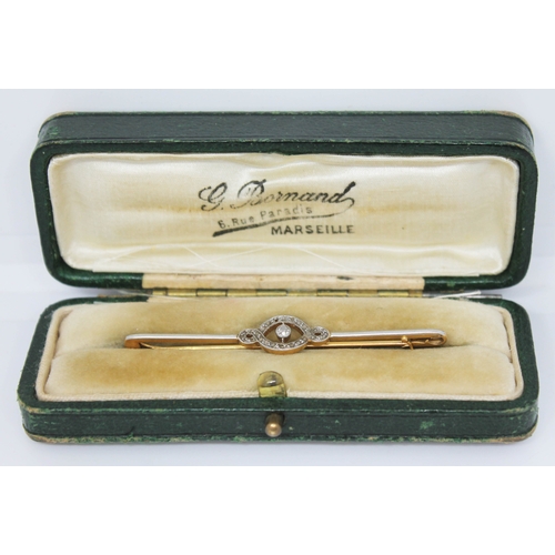 238 - An Art Deco style diamond bar brooch, indistinct French hallmarks, length 60mm, gross wt. 3.6g.