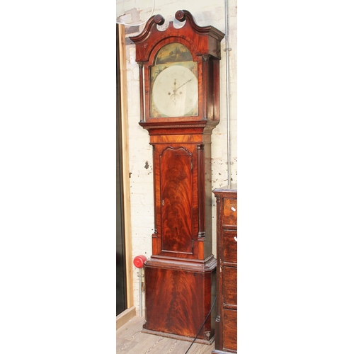 64 - A Georgian mahogany long case clock circa 1800 with broken swan neck pediment, arched hood with flut... 