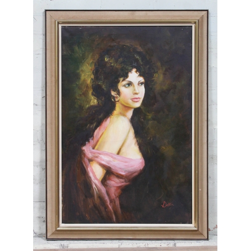 89 - After Anthony Devas, mid length portrait depicting a lady wearing pink gown, oil on canvas, 60cm x 9... 