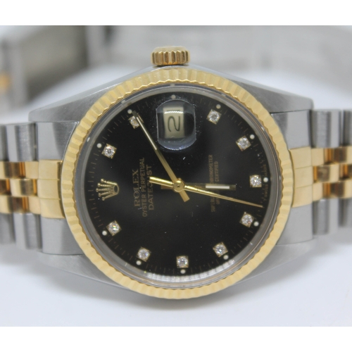 100 - A 1980s Rolex Oyster Perpetual Datejust Diamond dial, 16013 gents wristwatch, 18k gold/steel, black ... 