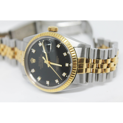 100 - A 1980s Rolex Oyster Perpetual Datejust Diamond dial, 16013 gents wristwatch, 18k gold/steel, black ... 