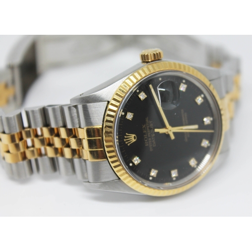 100 - A 1980s Rolex Oyster Perpetual Datejust Diamond dial, 16013 gents wristwatch, 18k gold/steel, black ... 