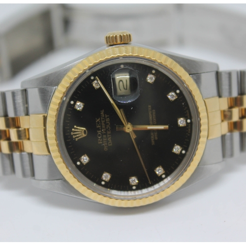 100 - A 1980s Rolex Oyster Perpetual Datejust Diamond dial, 16013 gents wristwatch, 18k gold/steel, black ... 