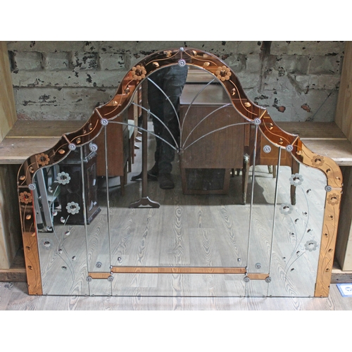 94 - A large Art deco etched mirror with amber glass panels 137cm x 111cm.