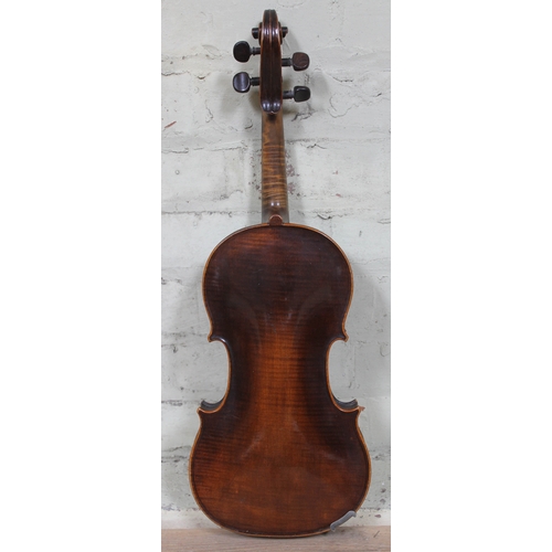 97 - A 19th century French violin, stamped inside Bourlier Mirecourt, length of back 37.5cm.