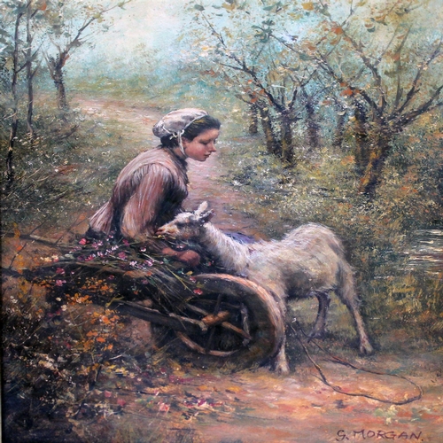 500 - Early 20th century school, woman and goat, oil on board, 29cm x 37cm, signed 'G. Morgan', glazed and... 