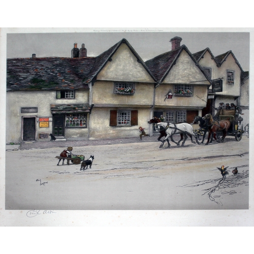 502 - After Cecil Aldin, coach and inn scene, tinted lithograph,  39.5cm x 34.5cm, blindstamp and signed i... 