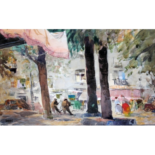 534 - Edward McGrath, street scene, watercolour, 38cm x 31cm, signed, glazed and framed.