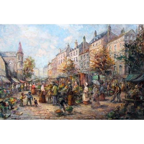 535 - M.J. Rendell, market scene, oil on board, 75cm x 49cm, signed, framed.