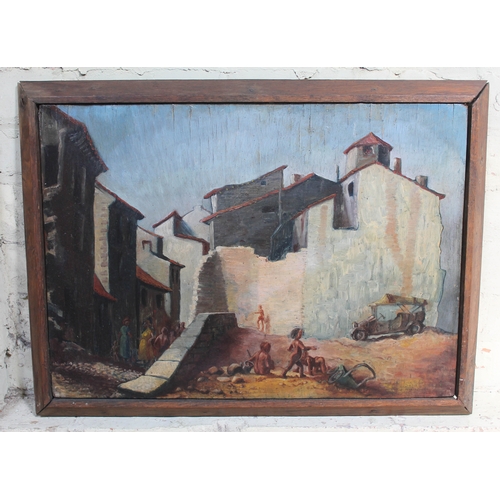 540 - Early 20th century school, street scene, oil on board, 60cm x 42cm, unsigned, framed 67cm x 50cm.