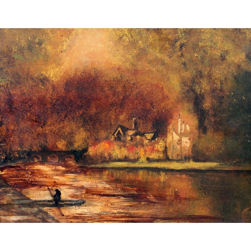 542 - 20th century school, river scene, acrylic , 49cm x 39cm, labelled verso 'Pastiche of Old Oxford Acry... 