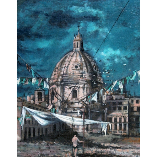 545 - 20th century school, church with bunting and boy, oil on board, 29cm x 39cm, unsigned, framed.