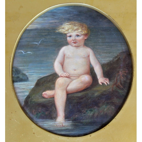 546 - Late 19th century school, pair, water babies, oil on board, oval 19cm x 23cm, each signed 'C. A. Mil... 