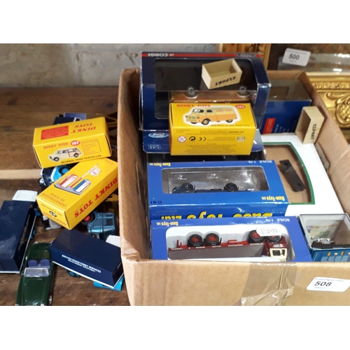 508 - A box of die-cast toys to include buses, trucks, cars, including modern Corgi etc.